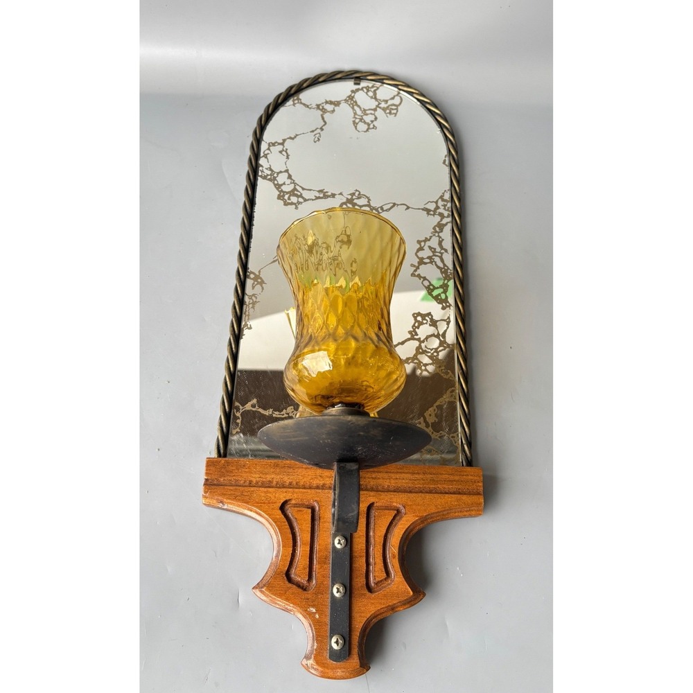 Vintage Mirrored Wall Sconce Glass Hurricane Wood Metal Candle Holder